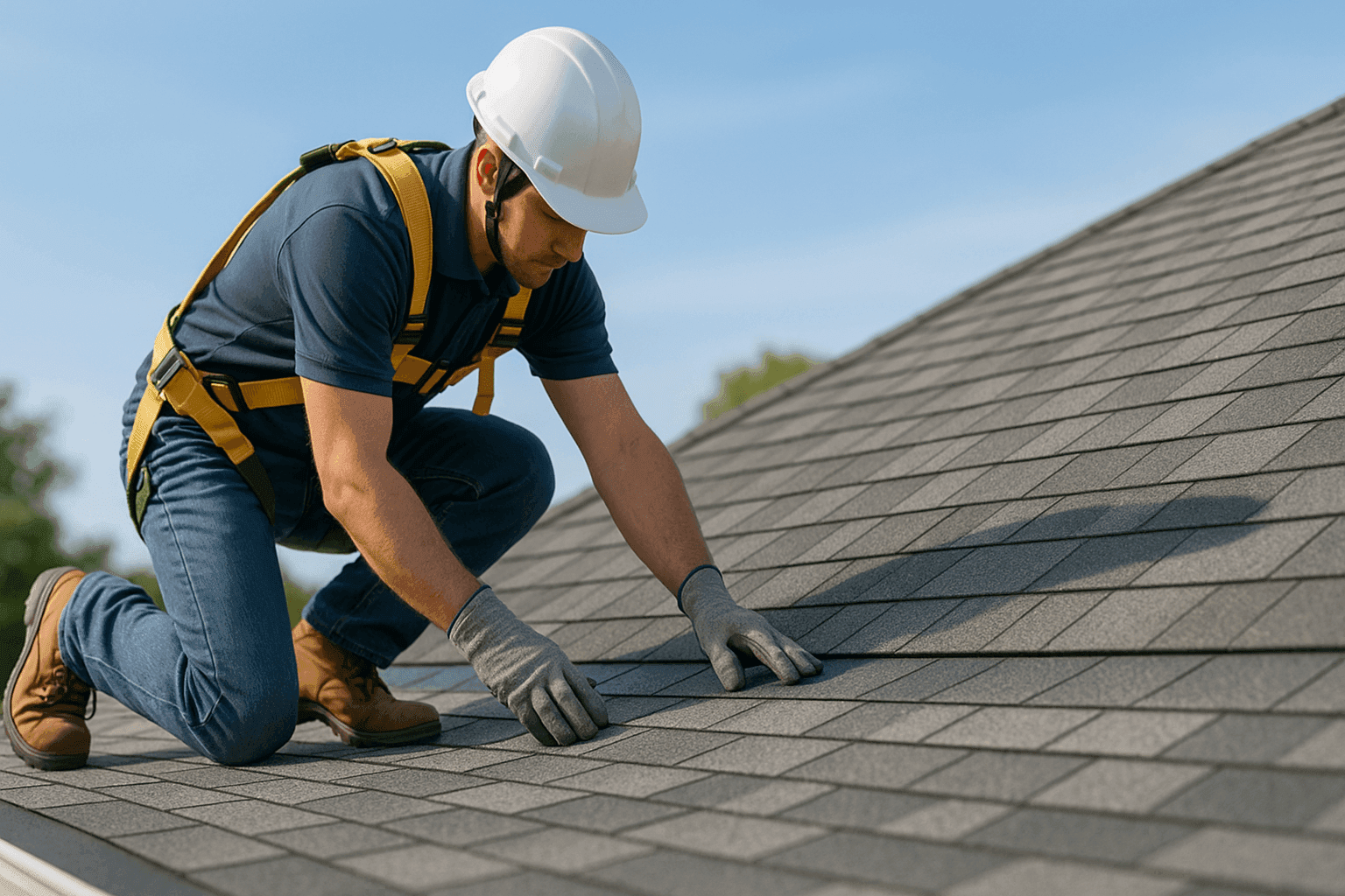 Roofer installing solar-reflective shingles on a home roof