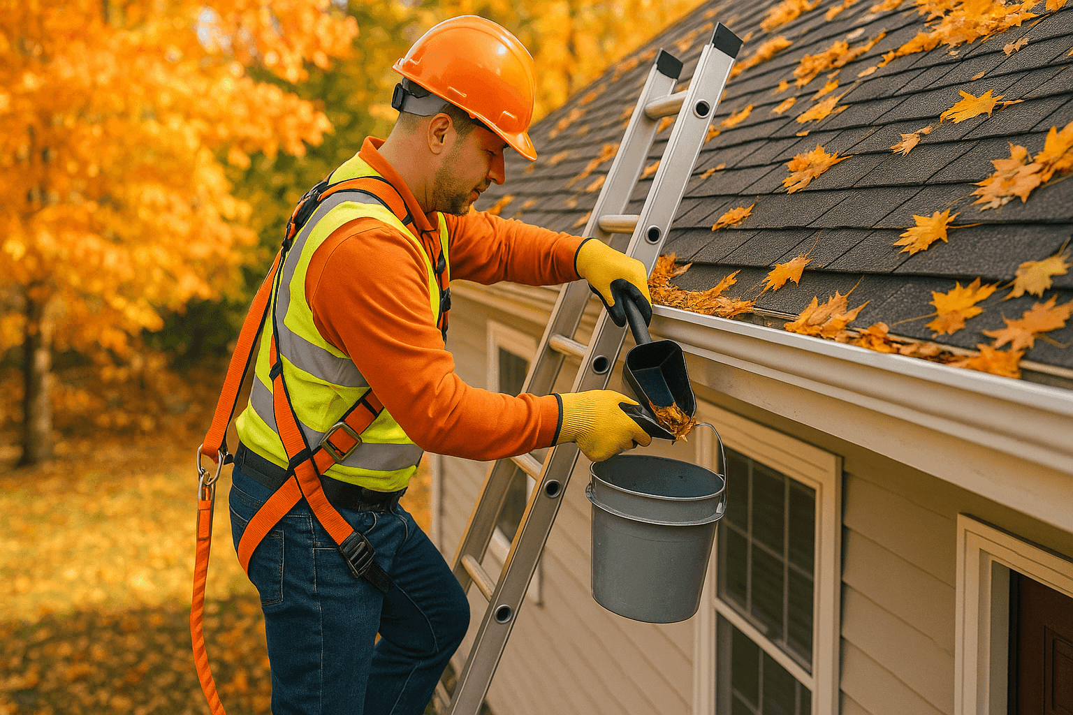 Technician safely cleaning gutters on a residential home with fall leaves