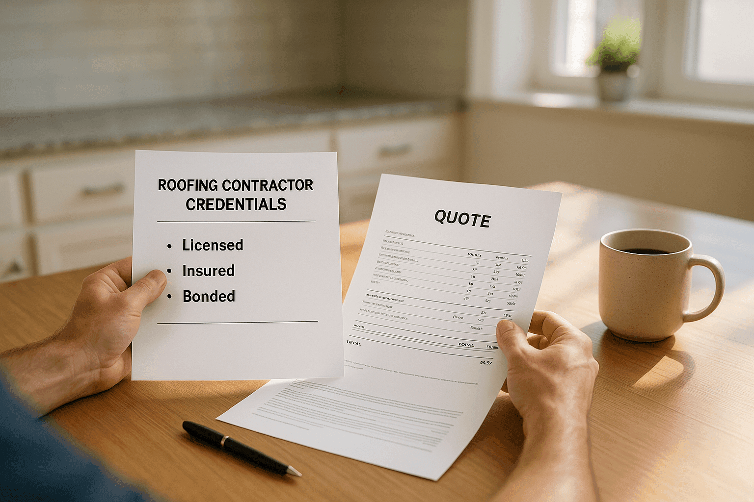 Homeowner reviewing roofing contractor's credentials and quote at kitchen table