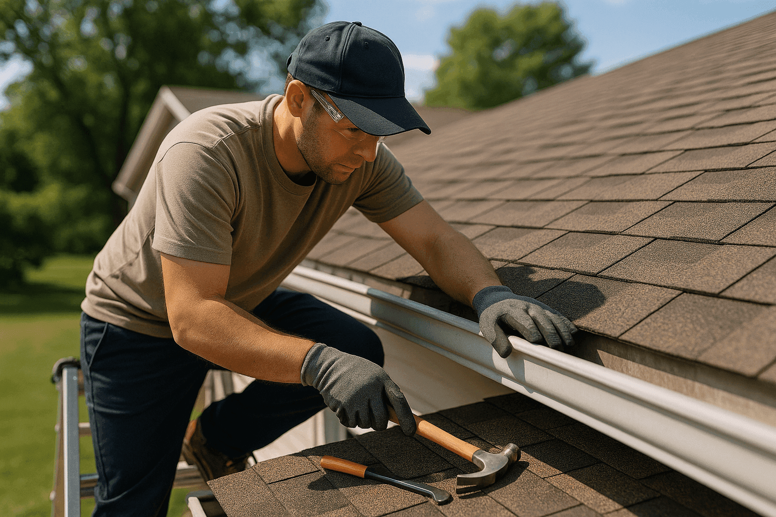 Homeowner inspecting roof shingles and gutters for maintenance