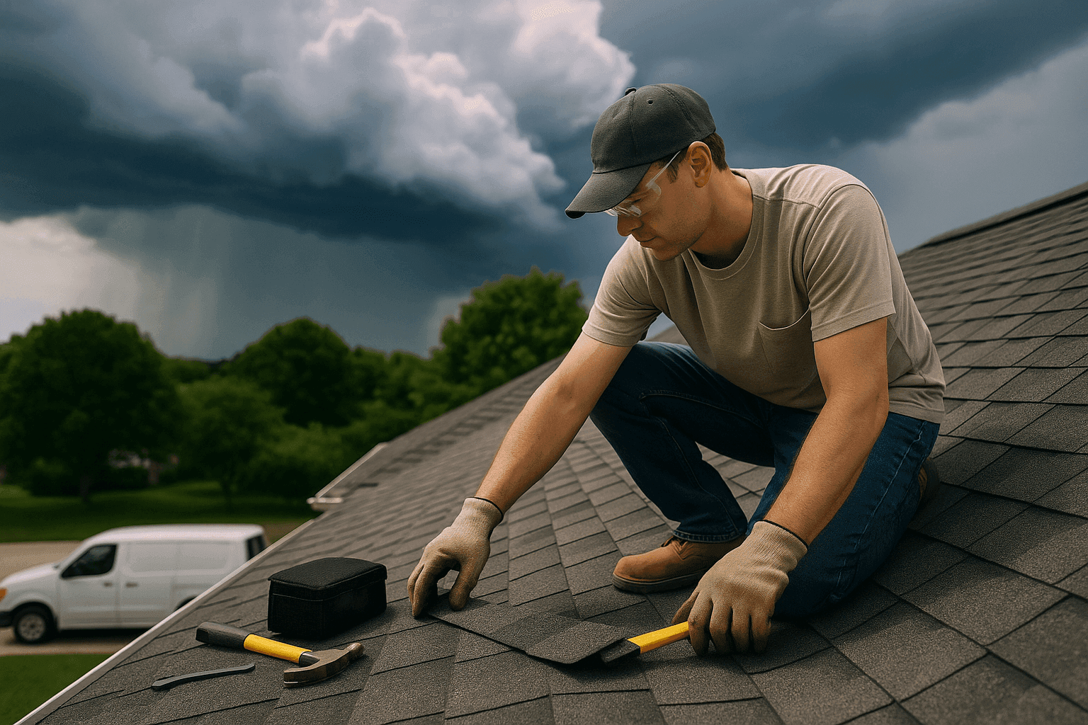 Homeowner inspecting roof before severe weather storm
