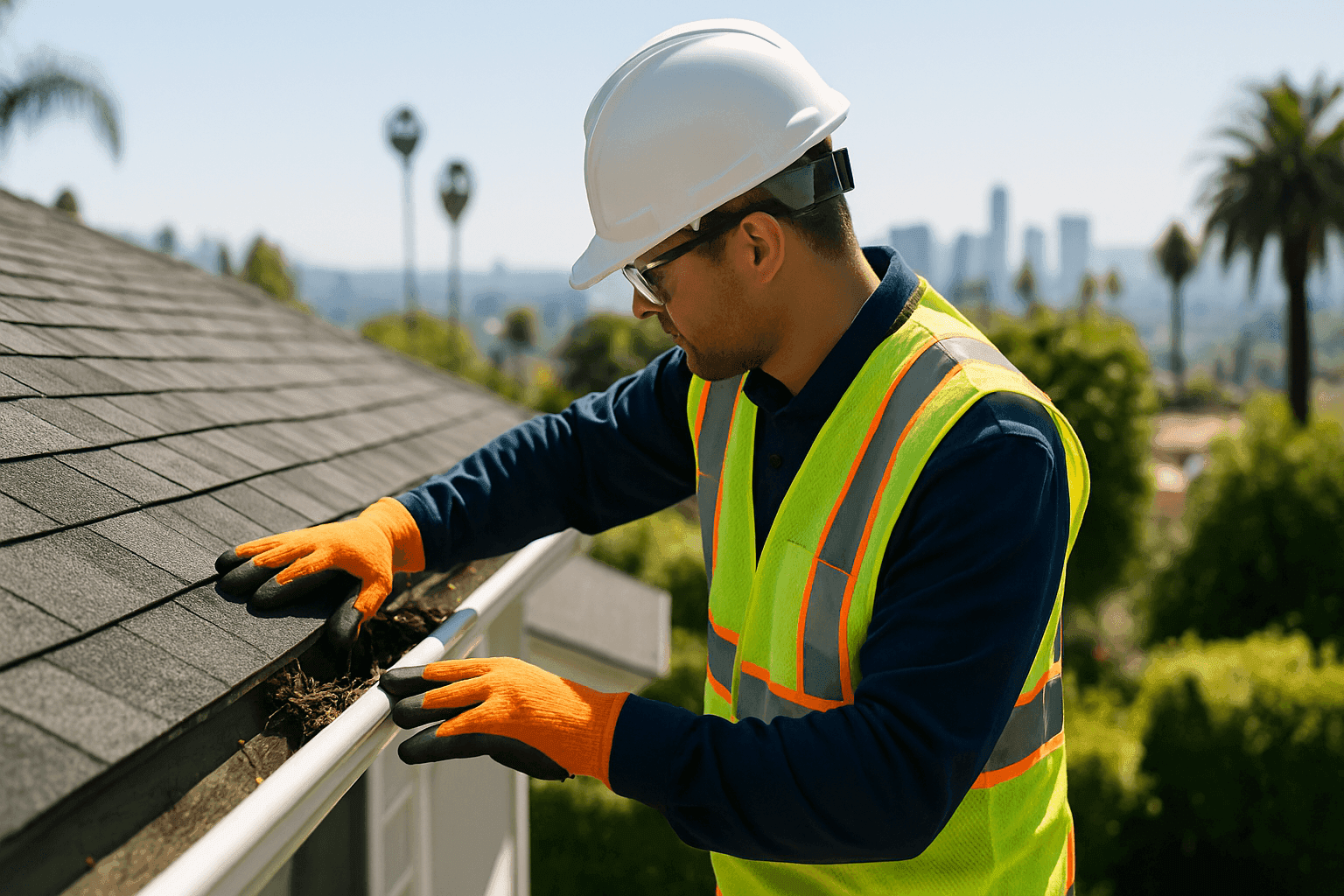 Roof inspector checking shingles and gutters on a sunny day