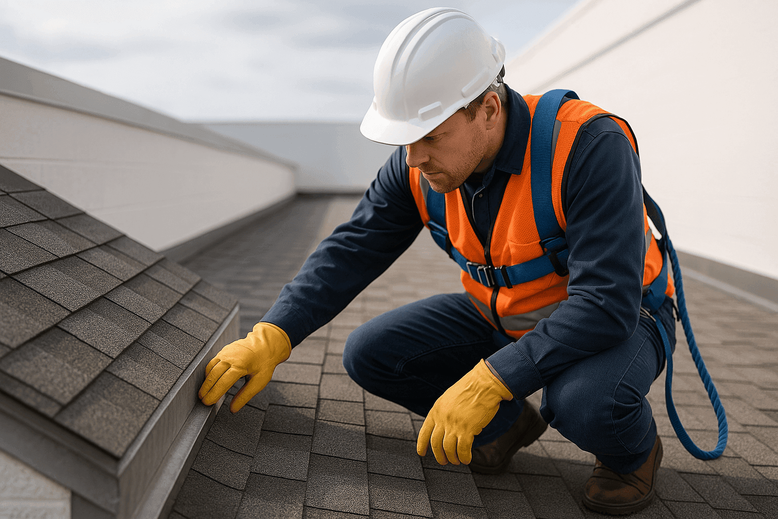 Inspector examining roof shingles and flashing on a commercial building