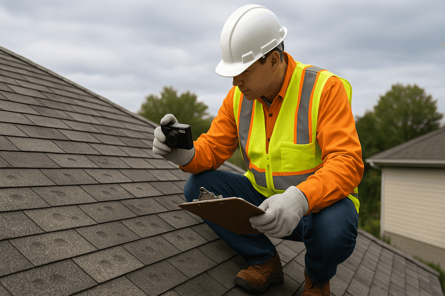 Technician assessing hail damage on a residential roof after a storm